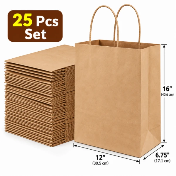 Kraft Paper Bags_ 25-Piece Set & Dimensions Paper Bag (Brown) - (12 * 6.75 * 16)